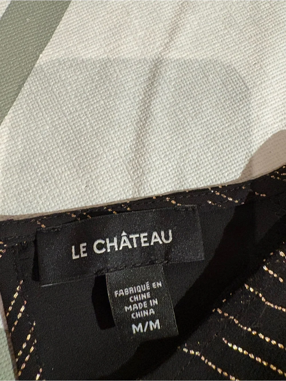 3/15$ le chateau Black Blouse with Gold Metallic Stripe Accents - Picture 3 of 4